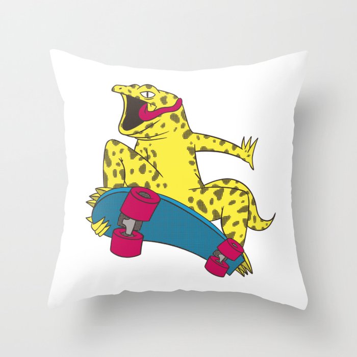Skateboarding Gecko Throw Pillow