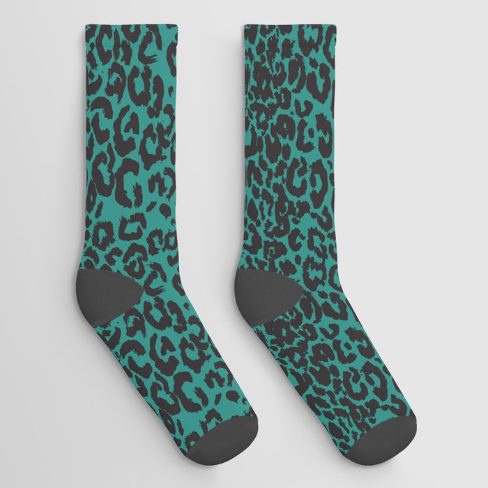 Black Leopard Print on Turquoise Green Socks
