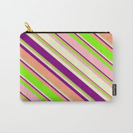 [ Thumbnail: Eye-catching Light Yellow, Purple, Light Salmon, Green & Light Pink Colored Stripes Pattern Carry-All Pouch ]