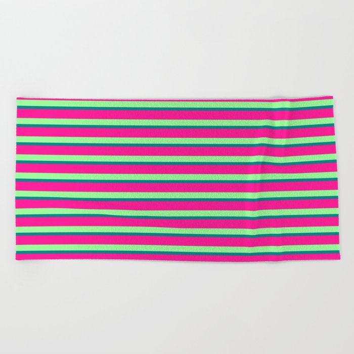 Green, Teal, and Deep Pink Colored Stripes Pattern Beach Towel