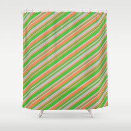 [ Thumbnail: Coral, Lime Green, and Grey Colored Striped Pattern Shower Curtain ]