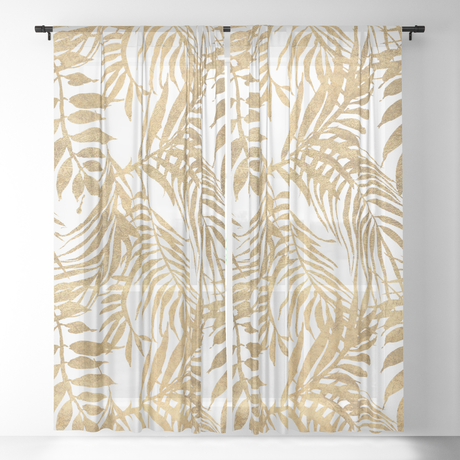 Elegant Tropical Gold White Palm Tree Leaves Floral Sheer Curtain