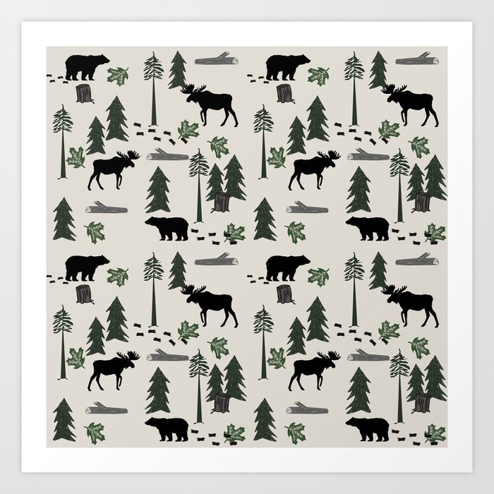 Camping woodland forest nature moose bear pattern nursery gifts Art Print