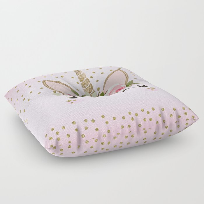 Pink Gold Cute Floral Unicorn Floor Pillow by Christyne Society6