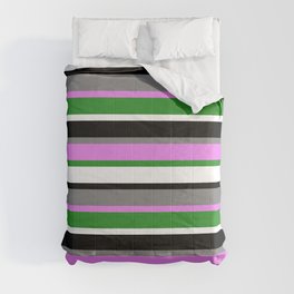 [ Thumbnail: Eye-catching Gray, Violet, Forest Green, White & Black Colored Striped/Lined Pattern Comforter ]