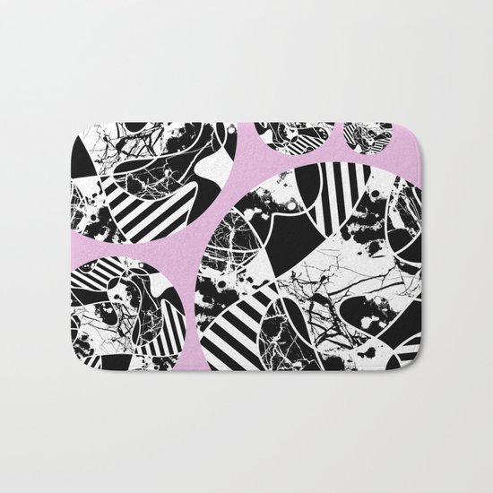 Black And White Bubbles 2 - Multi patterned, multi textured stripes, paint splats and marble on pink Bath Mat