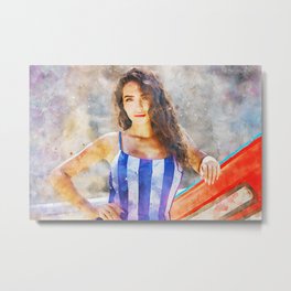 Woman In Blue And White Stripe Tank Top Metal Print | Palmtrees, Stripedress, Boat, Background, Hotgirl, Hot, Bar, Panorama, Longhair, Painting 