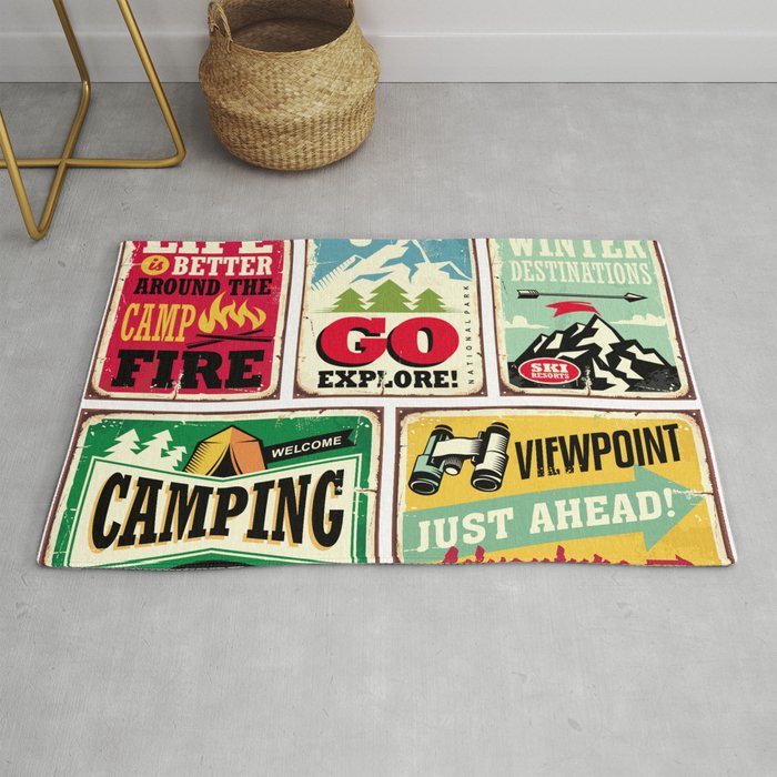 Hiking and camping retro signs collection. Outdoor activities vintage posters set. Wilderness and adventures illustration.  Rug