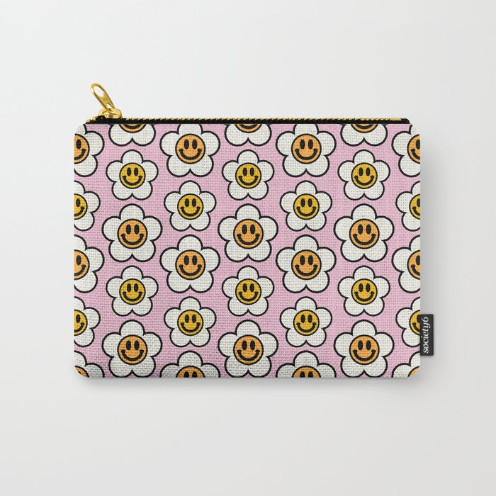 Bold And Funky Flower Smileys Pattern (Pink BG) Carry-All Pouch