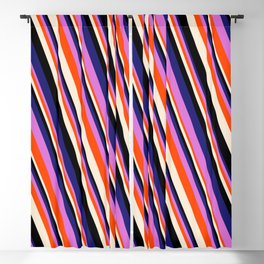 [ Thumbnail: Vibrant Midnight Blue, Orchid, Red, Beige & Black Colored Striped/Lined Pattern Blackout Curtain ]