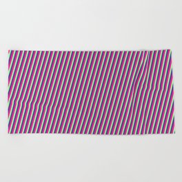 [ Thumbnail: Deep Pink, Green, and Dark Slate Blue Colored Lines/Stripes Pattern Beach Towel ]