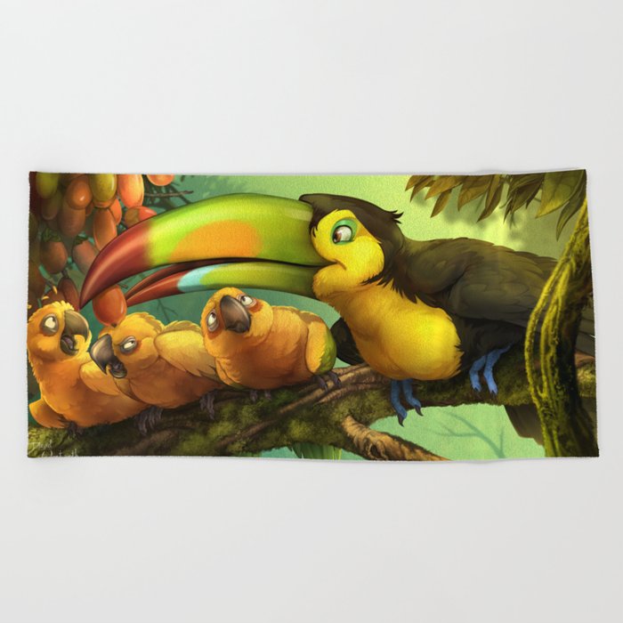 Toucan and Sun Conures : Jungle berries animal art painting birds feathers rain forest conservation Beach Towel