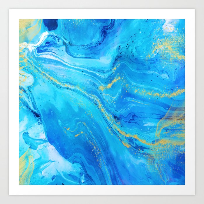 Abstract Acrylic Marble Paint Pattern Texture #1 - Blue, Gold Art Print
