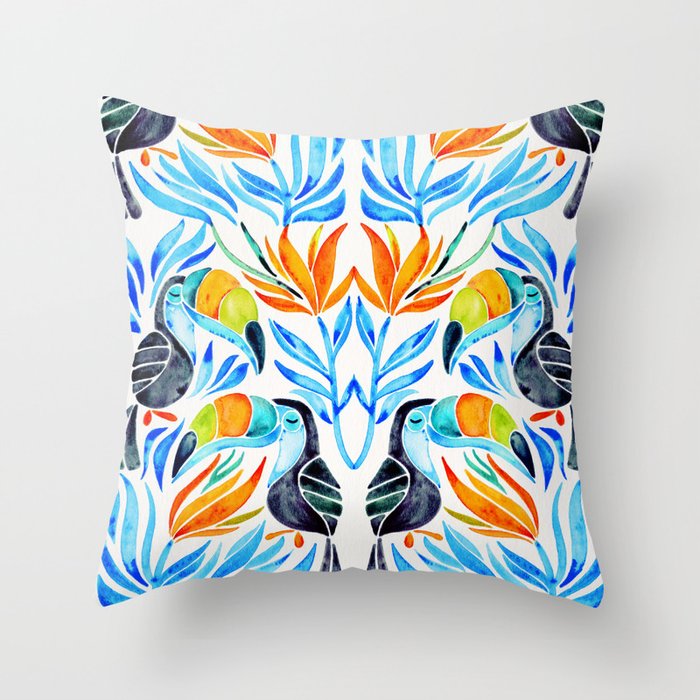 Tropical Toucans – Blue Leaves Throw Pillow