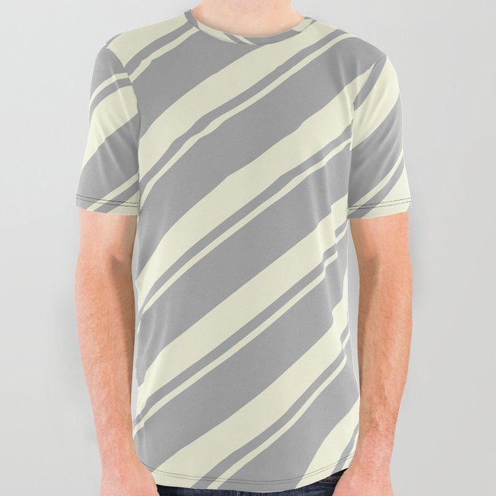 Dark Gray & Beige Colored Striped/Lined Pattern All Over Graphic Tee