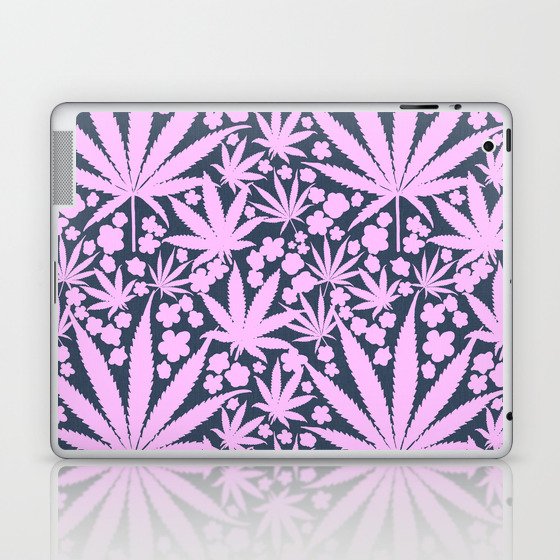 Retro Modern Cannabis Leaves And Flowers In Pastel Pink On Navy Denim Blue Fun Cottagecore Pattern Laptop & iPad Skin
