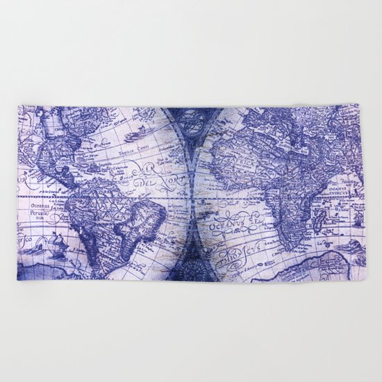 World Map Antique Vintage Navy Blue Beach Towel