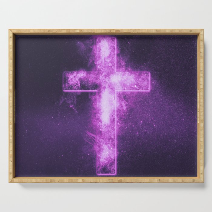 Christian cross symbol. Abstract night sky background. Serving Tray