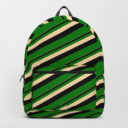 [ Thumbnail: Tan, Black & Green Colored Stripes/Lines Pattern Backpack ]