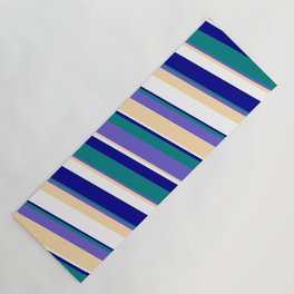 [ Thumbnail: Eyecatching Teal, Slate Blue, Tan, White, and Dark Blue Colored Stripes Pattern Yoga Mat ]