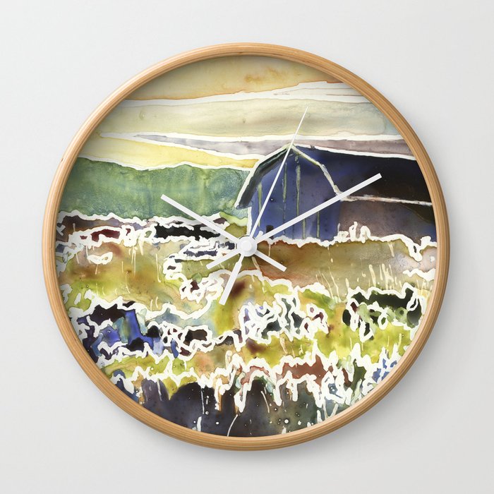 Barn outdoors.  Watercolor painting of barn Wall Clock