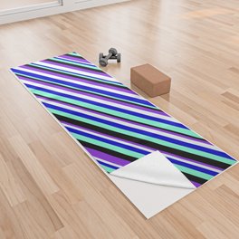 [ Thumbnail: Vibrant Blue, Aquamarine, Black, Purple, and Mint Cream Colored Lined Pattern Yoga Towel ]