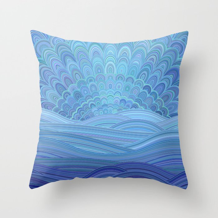 Blue Mandala Sunset at the Ocean Throw Pillow