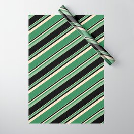 [ Thumbnail: Bisque, Sea Green, Dark Sea Green, and Black Colored Lined Pattern Wrapping Paper ]