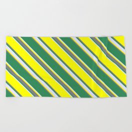 [ Thumbnail: Yellow, Gray, Sea Green, and Lavender Colored Striped Pattern Beach Towel ]