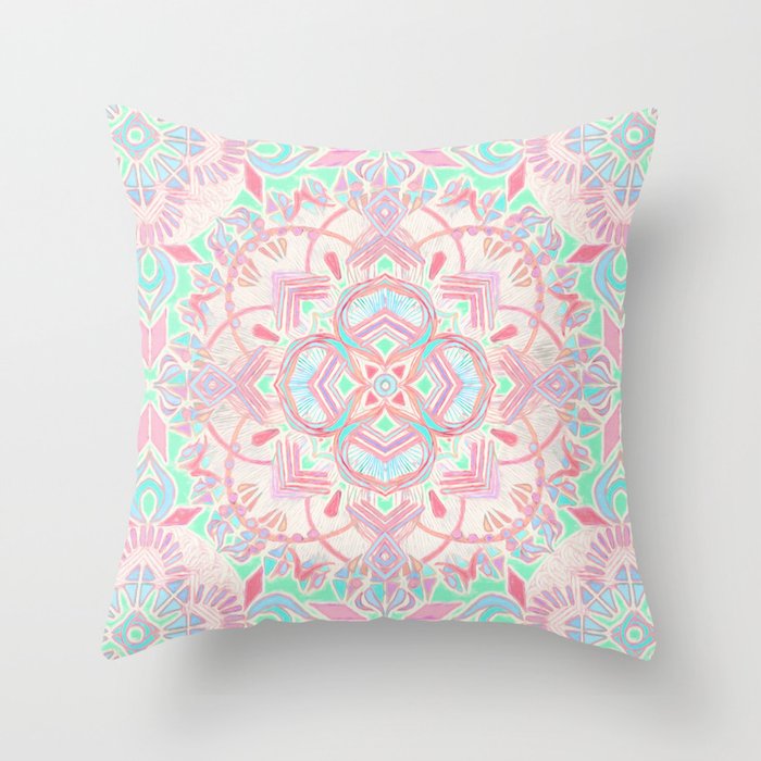 Mint and Blush Pink Painted Mandala Throw Pillow