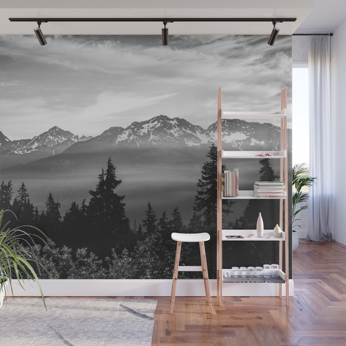 Morning in the Mountains Black and White Wall Mural