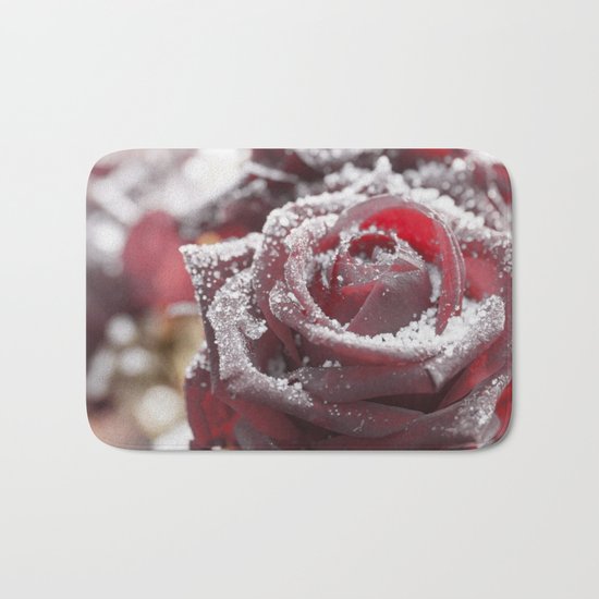 Frozen rose- with hoarfrost covered rose Bath Mat