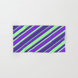 [ Thumbnail: Purple, Dark Slate Blue & Green Colored Striped/Lined Pattern Hand & Bath Towel ]