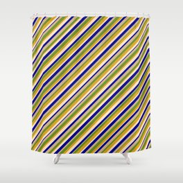 [ Thumbnail: Vibrant Dark Blue, Tan, Green, Goldenrod & Bisque Colored Striped Pattern Shower Curtain ]