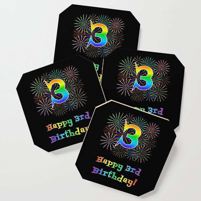 3rd Birthday - Fun Rainbow Spectrum Gradient Pattern Text, Bursting Fireworks Inspired Background Coaster