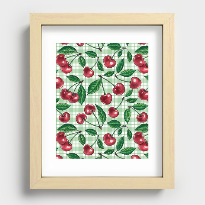 Red cherries on light green gingham  Recessed Framed Print