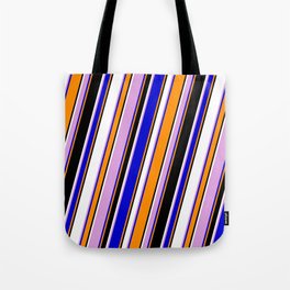 [ Thumbnail: Eye-catching Plum, Blue, Dark Orange, Black & White Colored Stripes/Lines Pattern Tote Bag ]