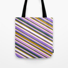 [ Thumbnail: Colorful Dark Goldenrod, White, Plum, Purple & Dark Slate Gray Colored Lines/Stripes Pattern Tote Bag ]