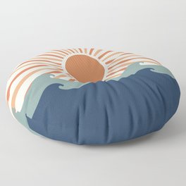 Retro, Sun and Wave Art, Blue and Orange Floor Pillow