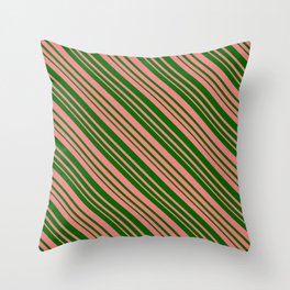 [ Thumbnail: Dark Green & Light Coral Colored Lined/Striped Pattern Throw Pillow ]