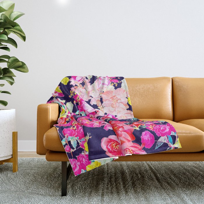 Summer Bright Antique Floral Print with Hot Pink, Yellow, and Navy V2 Throw Blanket
