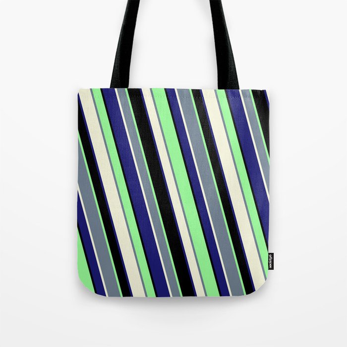 Vibrant Slate Gray, Beige, Midnight Blue, Black, and Green Colored Stripes/Lines Pattern Tote Bag