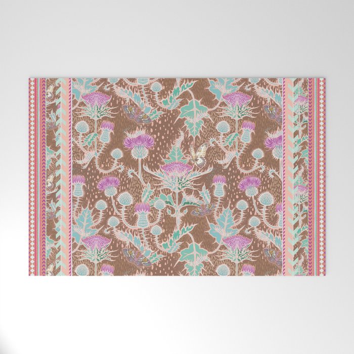 Folksy thistle pattern border in earthy brown Welcome Mat