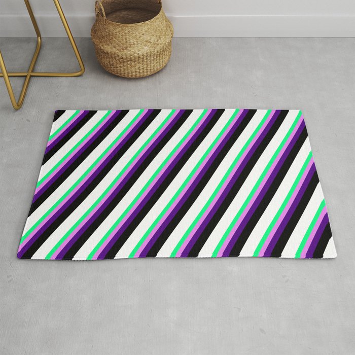 Vibrant Green, Violet, Indigo, Black, and White Colored Striped/Lined Pattern Rug