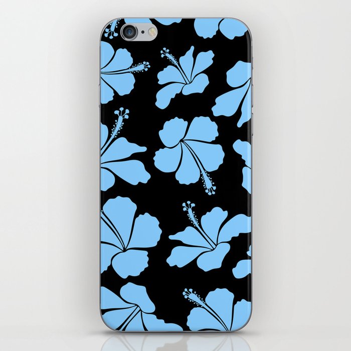 Bright hawaiian seamless pattern with tropical hibiscus flowers on black background in blue colors. iPhone Skin