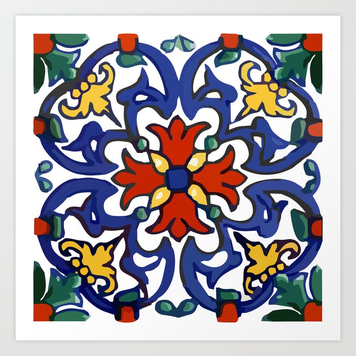 Talavera Mexican tile inspired bold design in blue, green, red, orange Kunstdrucke Talavera Mexican tile inspired bold design in blue, green, red, orange Kunstdrucke