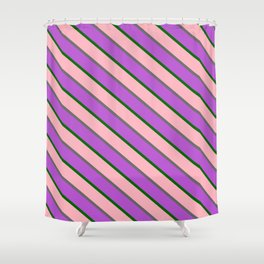 [ Thumbnail: Light Pink, Dim Grey, Orchid, and Dark Green Colored Stripes Pattern Shower Curtain ]