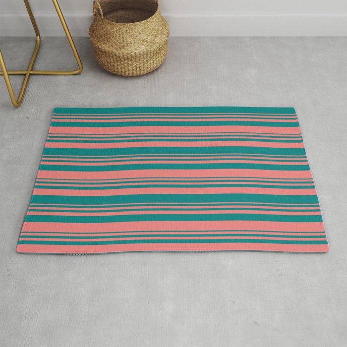 Light Coral and Teal Colored Lined Pattern Rug