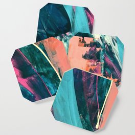 Wild [7]: a bold, colorful abstract mixed-media piece in teal, orange, neon blue, pink and white Coaster