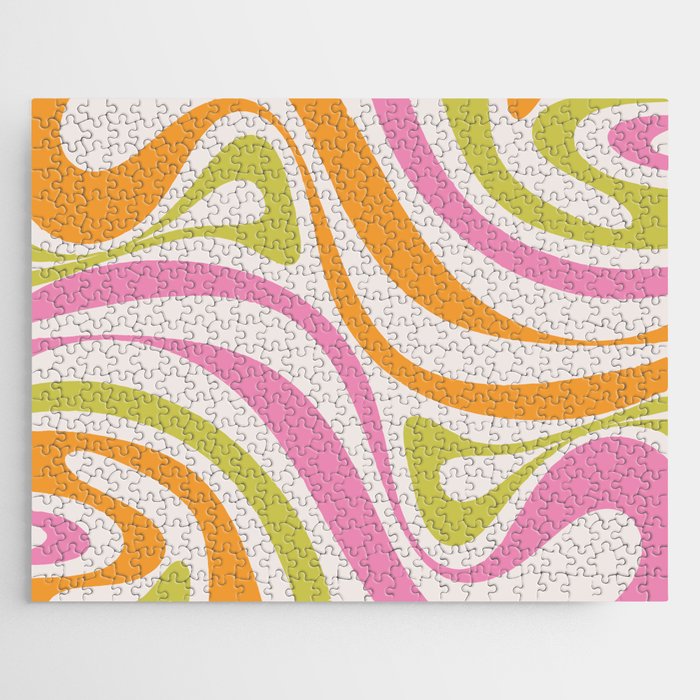 New Groove Trippy Retro 60s 70s Colorful Swirl Abstract Pattern Pink Lime Green Orange Jigsaw Puzzle
